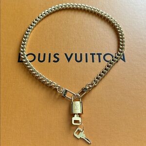 Authentic Louis Vuitton #318 Lock and Key Set on Chain Necklace Gold